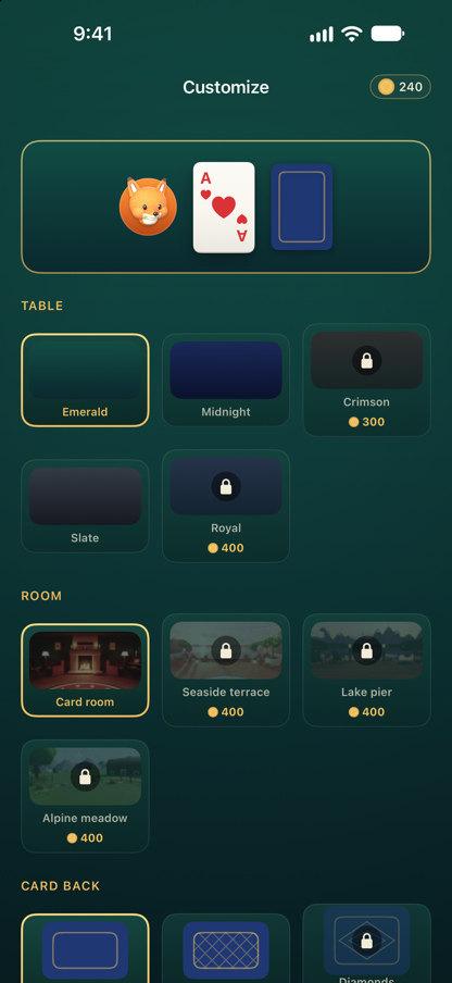 Customise: the fox avatar with a card and card back, the table colours, and the rooms — the card room chosen, with the seaside terrace, lake pier and alpine meadow at 400 coins each.